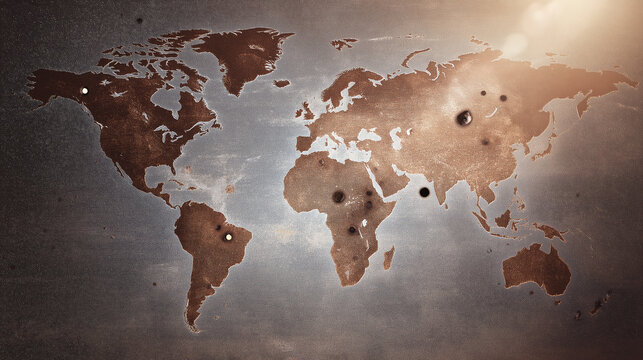 Grunge world map featuring multiple bullet like holes and impact points, representing global conflict, war, and crisis