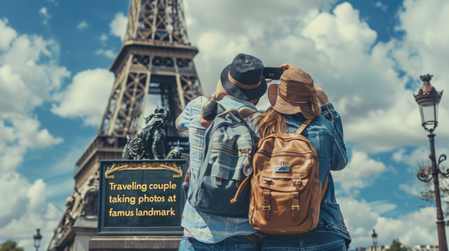 Traveling couple taking photos at eiffel tower on sunny day with backpacks