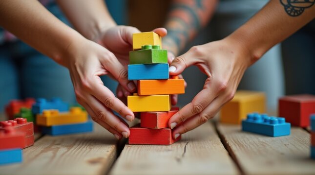 Manos interactuando construyendo una pila de objetos, concepto de colaboraci&oacute;n