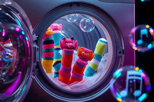 Monster sock puppets in washing machine with musical soap bubbles
