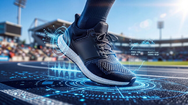 Smart running shoe with digital biometric data overlay on a stadium track. Concept of advanced sports technology, AI-driven performance tracking, and motion analysis for elite athletes.