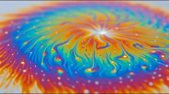 Close-up of a colorful oil slick pattern with swirling rainbow colors and small water droplets.