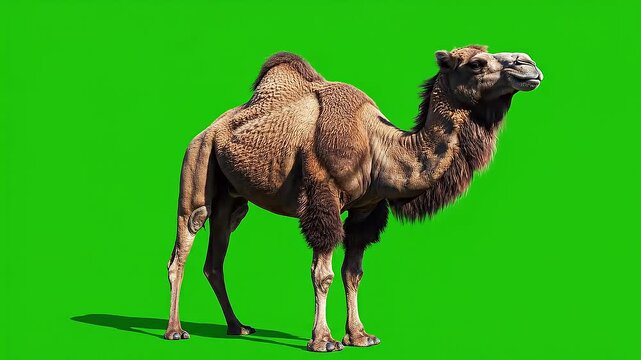 A camel stands alone in a vibrant green video background