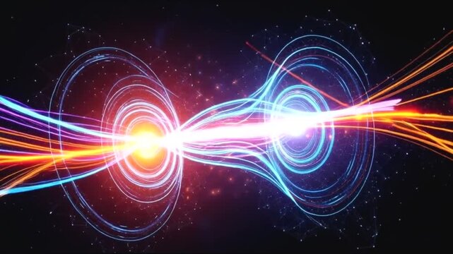 Abstract visualization of subatomic particles colliding and interacting with energy fields.