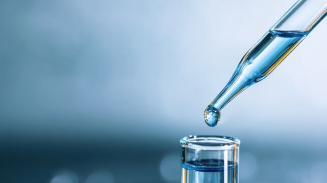 golden pipette releasing drop into tube, warm amber liquid, clinical laboratory mood, careful sampling for pharmaceutical testing, visible meniscus and glass detail, safety and compliance emphasis.