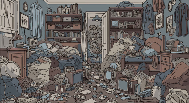 A cluttered bedroom filled with clothes, furniture, and old electronics