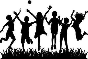 Fototapeta premium Happy group of young children jumping and playing together in a joyful outdoor setting shown as a silhouette on transparent background
