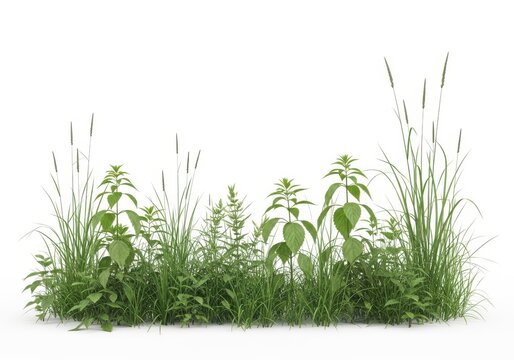 A detailed representation of a lush green plant patch featuring various wild grasses and herbs