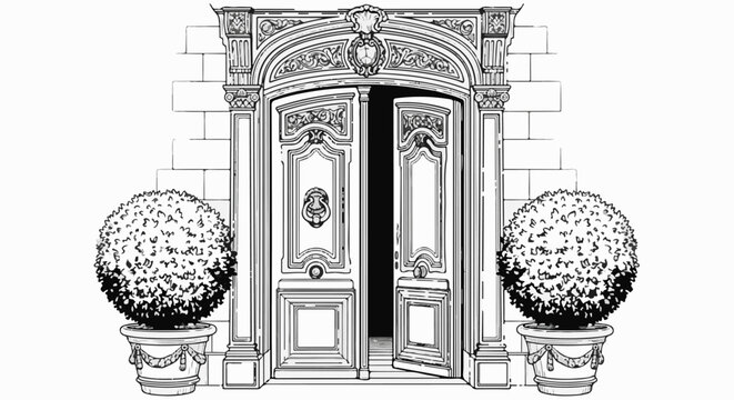 Ornate double doors, partially open, flanked by potted topiaries