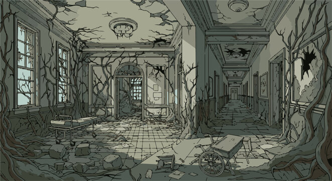 Dilapidated hospital hallway overrun by vines, suggesting neglect and decay
