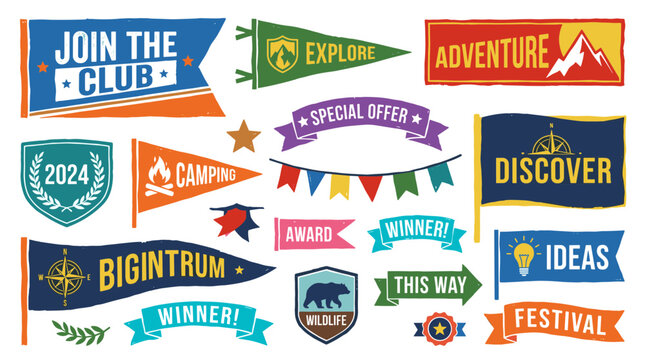 Collection of colorful pennants and banners with motivational slogans and icons for events and celebrations