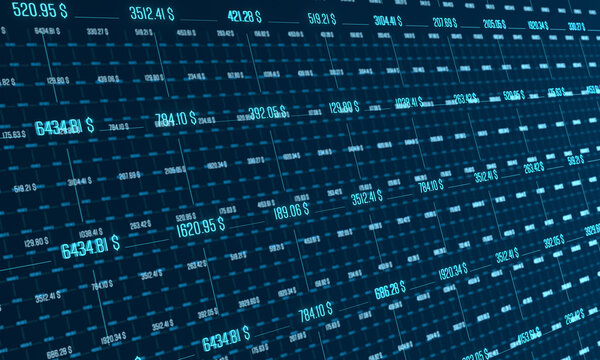 Financial figures, stock prices, blue data grid,  market data, spreadsheet. Growth, analyzing wealth, investment strategy, business, data processing, research, progress.