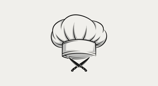 Chef hat and crossed knives emblem for cooking and culinary arts.