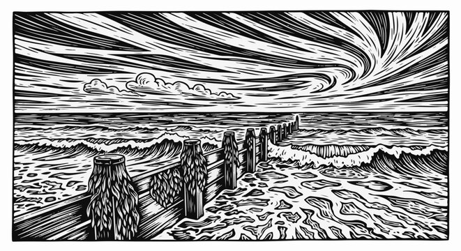 Dramatic sky and stormy sea with a wooden breakwater stretching to the horizon