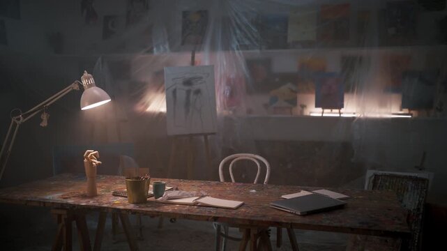 Peaceful Studio Scene Featuring Drawing Materials And Gentle Illumination