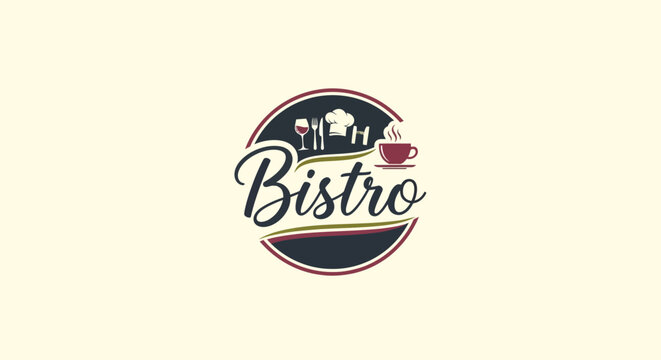 Bistro Restaurant Logo Design with Chef Hat, Wine, and Coffee Cup