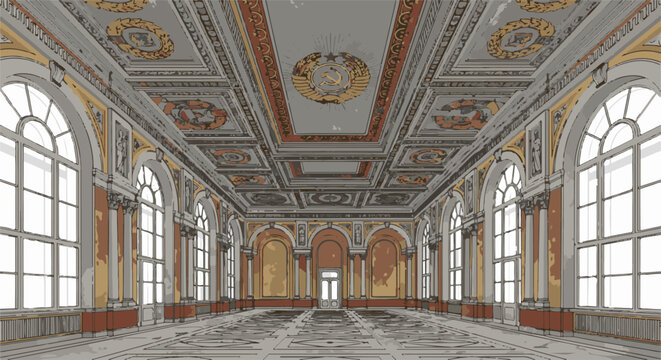 Ornate classical hall with arched windows, columns, and ceiling art