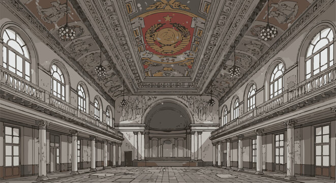 Ornate Soviet-era hall with vaulted ceiling and stage