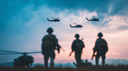 Obraz premium Soldiers standing on battlefield with military helicopters flying overhead at dramatic sunset sky