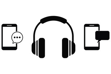 Obraz premium Communication and Audio Equipment Icon Set with Headphones and Mobile Phone Chat Bubbles
