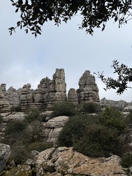 Unique Geological Stone Structures Under Foggy Sky