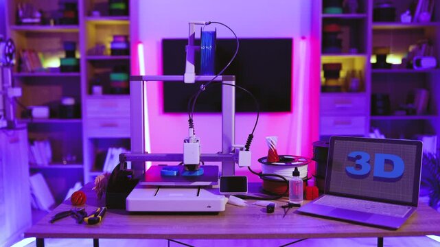 A 3D printer is actively creating an object on a desk, with filament spools, tools, and a laptop displaying the 3D logo nearby