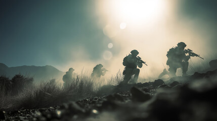 Obraz premium Soldiers moving tactically through dusty terrain with weapon, engaging in military combat operation