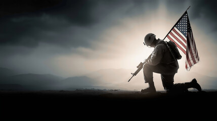 Obraz premium Soldier kneeling with American flag, honoring sacrifice and remembrance for military heroes