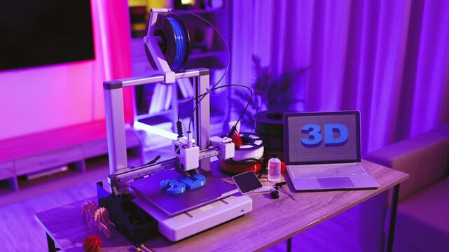 A 3D printer is actively creating a blue object while a laptop displays the 3D logo, illuminated by purple ambient lighting