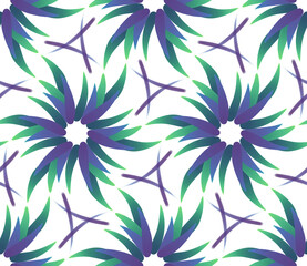 Fototapeta premium Seamless abstract purple and green radial floral pattern with symmetrical strokes on white background for textile design