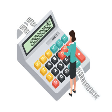 Businesswoman Operating Giant Colorful Calculator with Receipt Tape Isometric Vector