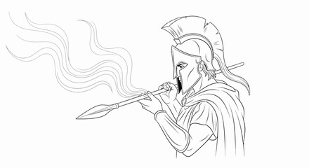 Obraz premium Spartan Warrior Blowing Spear Fire Smoke Ancient Greek Soldier Helmet Battle