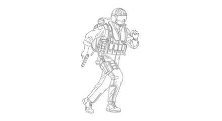 Obraz premium Special Forces Soldier Running with Gun, Tactical Gear, Military Action Illustration