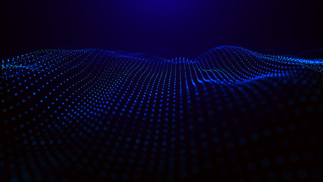 Abstract background with dynamic color wave. Futuristic dotted wave of bright particles. Colorful background for presentation design. Wide format 3D illustration. Weave effect.