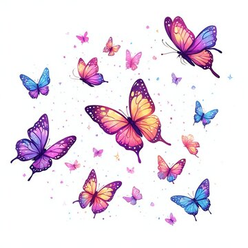 Colorful butterflies illustration isolated on white background, vibrant fantasy design