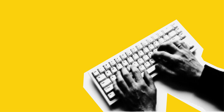 Collage poster with halftone texture, computer keyboard and typing hands, digital work and technology concept. Modern retro design, creative workspace, productivity and communication graphic. 