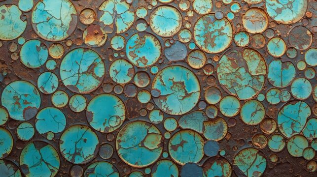 Close up of vibrant turquoise copper oxidation patterns on weathered metal surface with intricate details