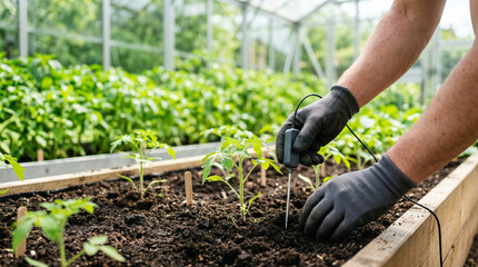 Fototapeta premium Hands installing soil sensor in greenhouse for smart farming