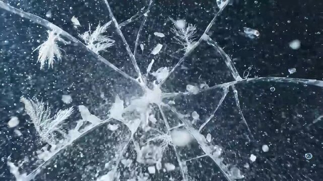 Close-up of cracked ice with delicate frost patterns and scattered debris