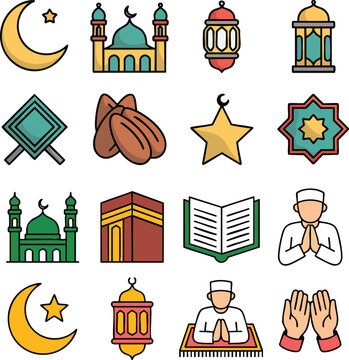 Islamic Ramadan Kareem and Eid Mubarak Icon Set Vector