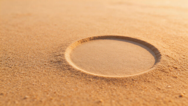 Perfect geometric circle indented in smooth golden sand at sunset