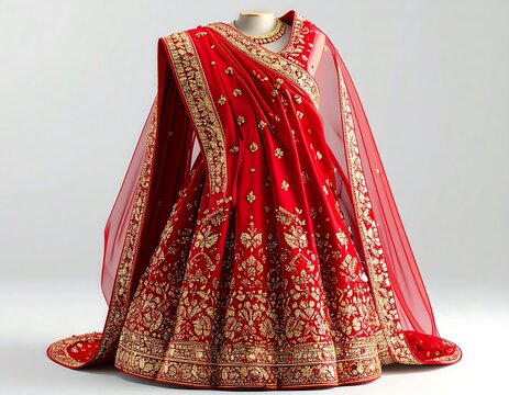 Traditional Indian red wedding lehenga dress with gold embroidery