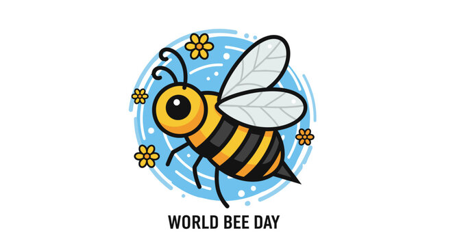 Cute cartoon honey bee illustration for World Bee Day celebration.