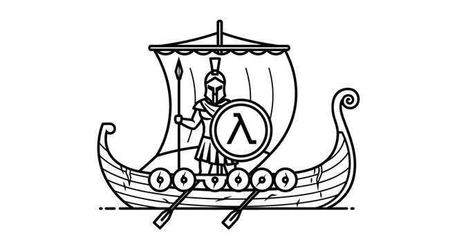Ancient Greek Warrior on Viking Ship with Lambda Symbol
