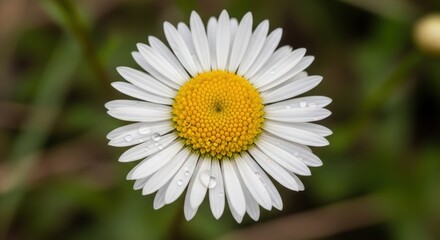 Fototapeta premium Close up of a white daisy with water droplets on petals and a yellow center macro photography
