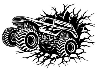 Powerful Monster Truck Breaking Through A Cracked Wall Graphic, Aggressive Off Road Vehicle With Flame Decals For Extreme Sport Fan Apparel © VisuaLabArt