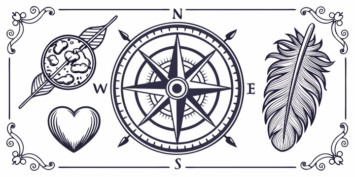 Vintage nautical compass rose feather and heart illustration, vector