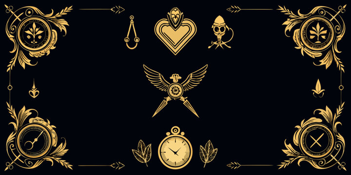 Ornate vintage steampunk and heraldic design elements, vector
