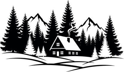 Fototapeta premium Cozy Mountain Cabin Nestled Among Tall Evergreen Trees Scenic Landscape