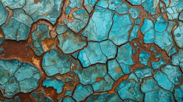 Close up of worn copper surface with peeling blue oxidized layers and visible rust